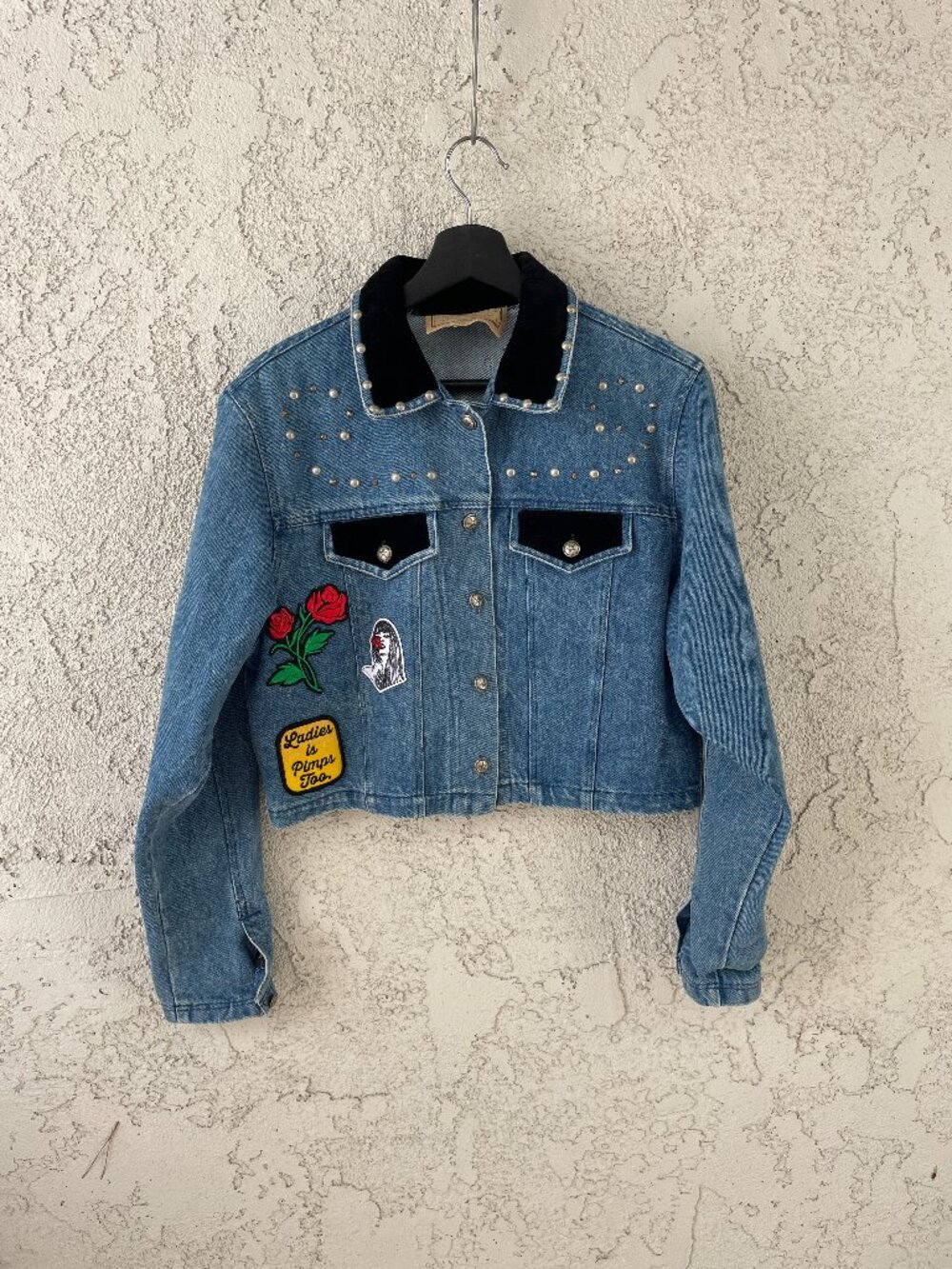 Vintage Saddle Ridge Boxy Denim Jacket Women's S Studded Patch Western Trucker